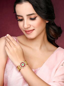 Peora - Gold Plated Rani Pink Green Synthetic Stone Studded Openable Bracelet