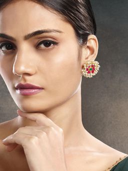 Peora - Gold Plated Rani Pink Green Synthetic Stone Studded Stud Earrings for Women