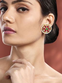 Peora - Gold Plated Rani Pink Green Synthetic Stone Studded Stud Earrings for Women