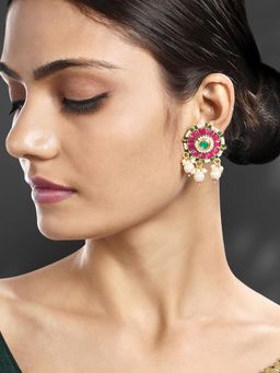 Peora - Gold Plated Rani Pink Green Synthetic Stone Studded Earrings