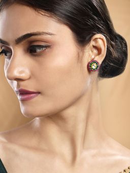 Peora - Gold Plated Pink Green Synthetic Beads Studded Stud Earrings Ethnic for Women
