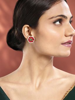 Peora - Gold Plated Rani Pink Green Synthetic Stone Studded Floral Stud Earrings