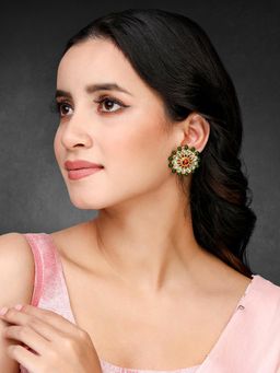 Peora - Gold Plated Red Green Kundan and Beads Studded Round Stud Earrings Ethnic for Women