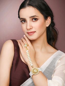 Peora - Gold Plated White Kundan and Beads Studded Haath Panja Haath Phool Ethnic for Women