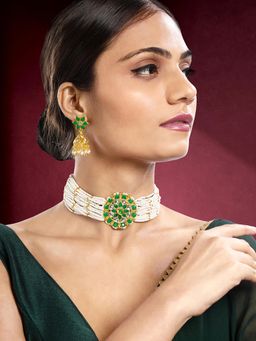 Peora - Green White Synthetic Stone Studded Necklace Jhumki Earrings Jewellery (Set of 2)