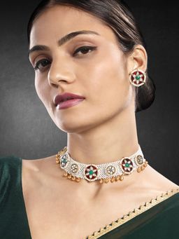 Peora - Gold Plated Maroon Green Kundan and Beads Studded Necklace Stud Earrings Ethnic (Set of 2)