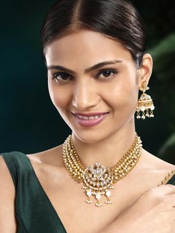 Peora - Gold Plated White Kundan and Beads Studded Necklace Jhumki Earrings Ethnic (Set of 2)