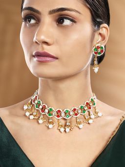 Peora - Gold Plated Red Green Kundan and Beads Studded Necklace Earrings Ethnic (Set of 2)