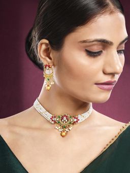Peora - Gold Plated Red Green Kundan and Beads Studded Necklace Earrings Ethnic (Set of 2)