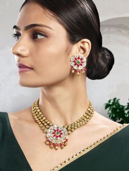 Peora - Gold Plated Rani Pink Green Kundan and Beads Studded Necklace Earrings (Set of 2)