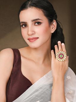 Peora - Gold Plated Rani Pink Green Kundan and Beads Studded Adjustable Finger Ring for Women