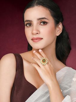 Peora - Gold Plated Rani Pink Green Kundan and Beads Studded Adjustable Finger Ring for Women