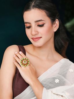 Peora - Gold Plated Rani Pink Green Kundan and Beads Studded Adjustable Finger Ring for Women