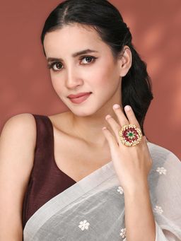 Peora - Gold Plated Rani Pink Green Kundan and Beads Studded Adjustable Finger Ring Gift