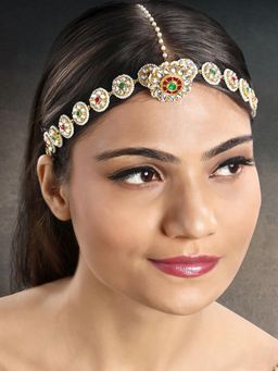 Peora - Rani Pink Green Kundan and Beads Studded Maangtikka Sheeshpatti Hair Accessories