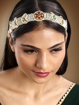 Peora - Gold Plated White Kundan and Beads Studded Mathapatti Hair Accessories Jewellery