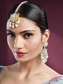 Peora - Gold Plated White Kundan and Beads Studded Earrings and Maangtikka Ethnic (Set of 2)