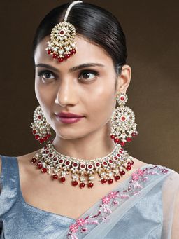 Peora - Gold Plated Kundan and Beads Studded Necklace Earrings and Maangtikka (Set of 3)