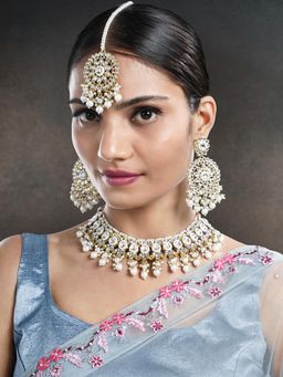 Peora - Gold Plated White Kundan and Beads Studded Necklace Earrings and Maangtikka (Set of 3)
