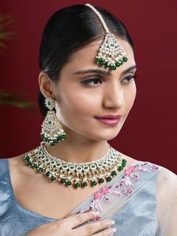 Peora - Gold Plated Kundan and Green Beads Studded Necklace Earrings and Maangtikka (Set of 3)
