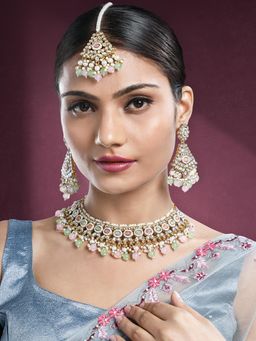 Peora - Gold Plated Kundan Pink Mint Beads Studded Necklace Earrings and Maangtikka (Set of 3)