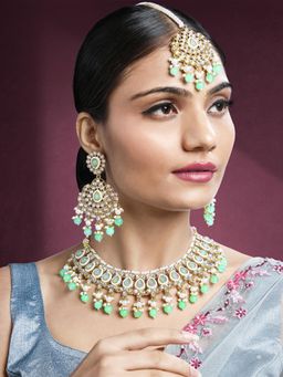 Peora - Gold Plated Kundan and Mint Beads Studded Necklace Earrings and Maangtikka (Set of 3)