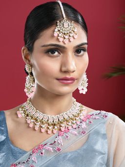 Peora - Gold Plated Kundan and Pink Beads Studded Necklace Earrings and Maangtikka (Set of 3)