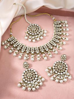 Peora - Gold Plated Kundan and Beads Studded Necklace Earrings and Maangtikka (Set of 3)
