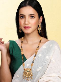 Peora - Rani Pink Green Synthetic Stone and Black Beads Studded Mangalsutra and Earrings (Set of 2)