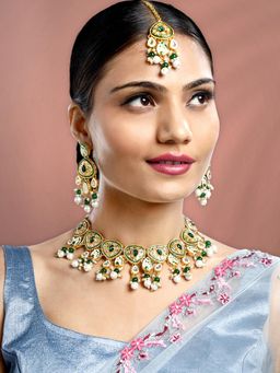 Peora - Gold Plated Green Stone Studded Necklace Earrings and Maangtikka (Set of 3)