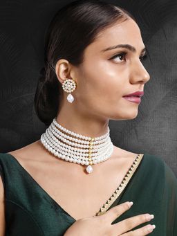 Peora - Gold Plated Beads Studded Choker Necklace and Earrings Jewellery for Women (Set of 2)