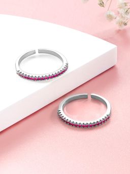 Peora - Silver Plated Rani Pink Cubic Zirconia Studded Adjustable Toe Ring Bichiya for Women