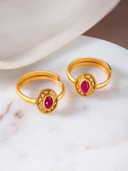 Peora - Gold Plated Rani Pink Synthetic Stone Studded Adjustable Toe Ring Bichiya for Women