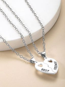 Peora - Silver Plated Heart Shape Best Friends Pendant Chain Necklace (Pack of 2)