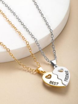 Peora - Silver and Gold Plated Heart Shape Best Friends Pendant Chain Necklace (Pack of 2)