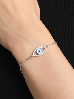 Peora - Silver Plated Cubic Zirconia Studded Evil Eye Adjustable Bracelet Fashion for Women