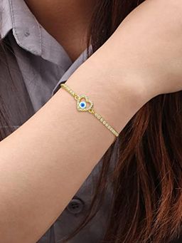 Peora - Gold Plated CZ Studded Heart Shape Evil Eye Adjustable Bracelet Jewellery for Women