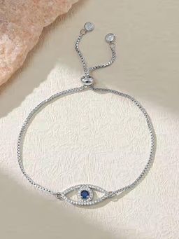 Peora - Silver Plated Cubic Zirconia Studded Evil Eye Fancy Adjustable Bracelet for Women
