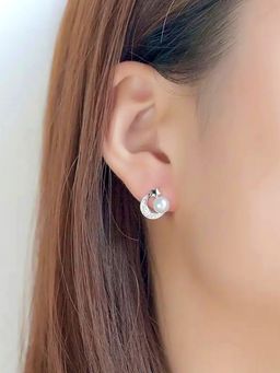 Peora - Silver Plated Cubic Zirconia and Pearl Studded Star Moon Style Stud Earrings For Women