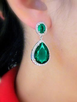 Peora - Silver Plated Cubic Zirconia and Green Crystal Studded Earrings For Women