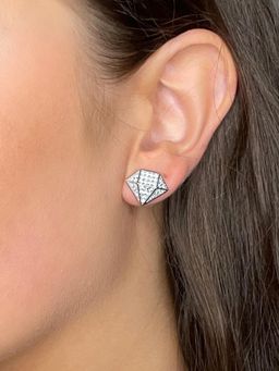 Peora - Silver Plated Cubic Zirconia Studded Diamond Shape Stud Earrings Fashion for Women