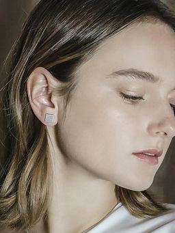 Peora - Silver Plated Cubic Zirconia Studded Square Shape Stud Earrings Fashion for Women