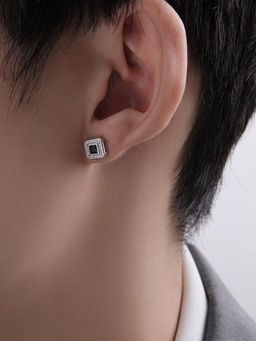 Peora - Silver Plated Black Stone Studded Square Shape Stud Earrings Fashion for Women