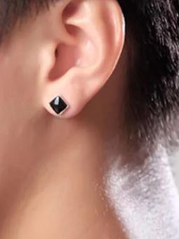 Peora - Silver Plated Black Stone Studded Square Shape Stud Earrings Fashion for Women Girls
