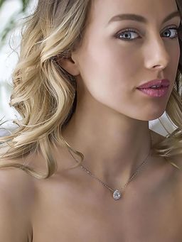 Peora - Silver Plated CZ Studded Water Drop Shape Pendant Chain Necklace Jewellery for Women