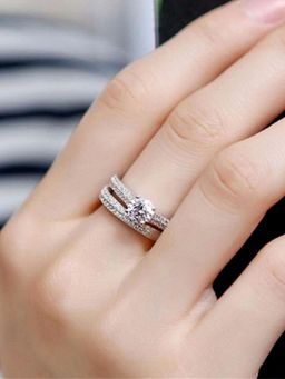 Peora - Silver Plated CZ Studded Solitaire and Eternity Finger Ring Women (US 7) (Pack of 2)