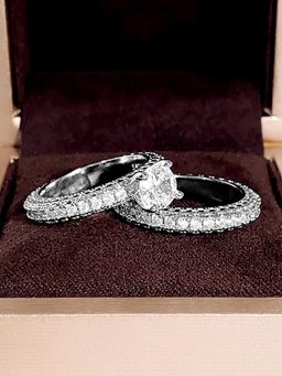 Peora - Silver Plated CZ Studded Solitaire and Eternity Finger Ring Women (US 7) (Pack of 2)