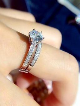 Peora - Silver Plated CZ Studded Solitaire and Eternity Finger Ring Women (US 7) (Pack of 2)