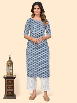 Vbuyz - Womens Print And Mirror Work Straight Viscose Blue Stitched Kurta