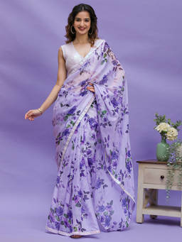 Koskii - Lavender Floral Printed Tissue Saree with Unstitched Blouse